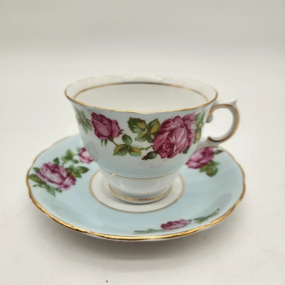 Colclough Bone China Teacup and Saucer Set Pink Roses Light Blue Made in England